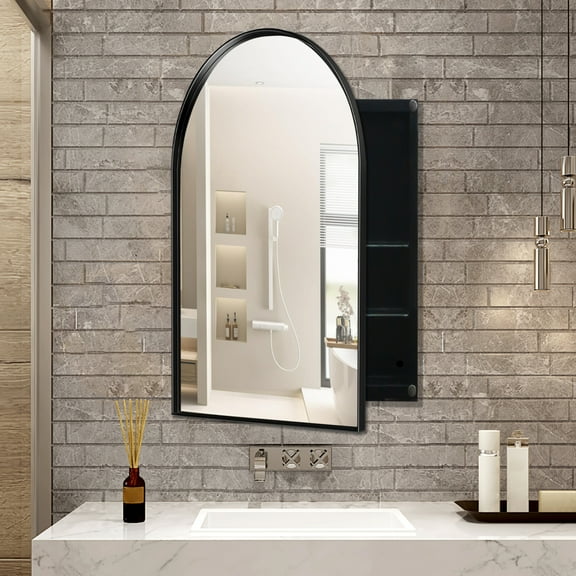 Holaki 24x36 Inch Arched Recessed Medicine Cabinet,Metal Framed Bathroom Wall Cabinet with Mirror and Adjustable Shelves,Wall Mirror with Storage for Bathroom,Matte Black