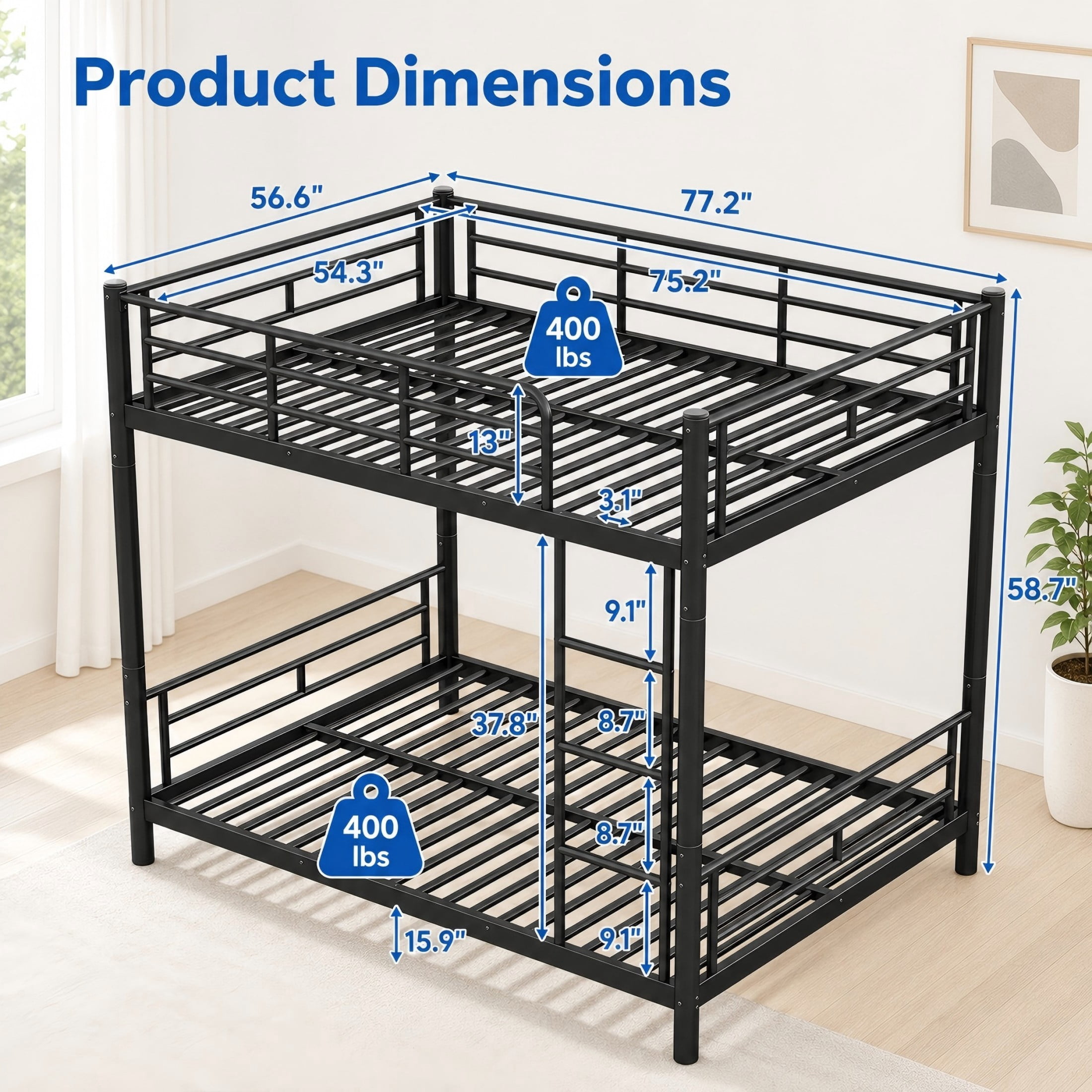 Aukfa Full over Full Metal Bunk Bed, Converts into Two Full Beds, Round Tube Construction & No Box Spring Needed, Black