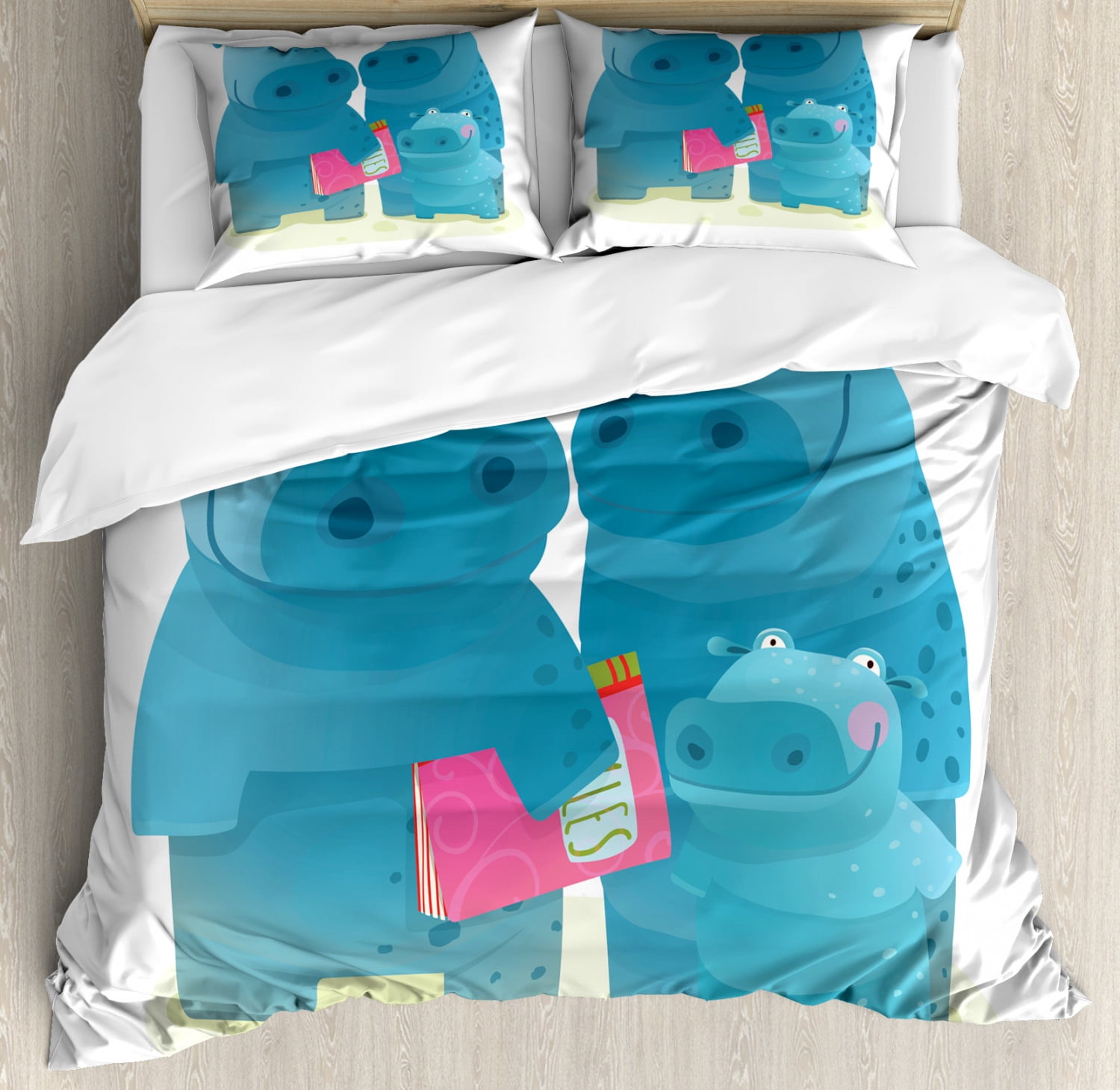 Hippo King Size Duvet Cover Set, Graphic Happy Hippo Family with Father