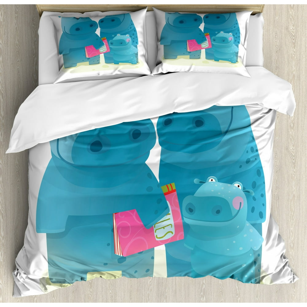 Hippo King Size Duvet Cover Set, Graphic Happy Hippo Family with Father