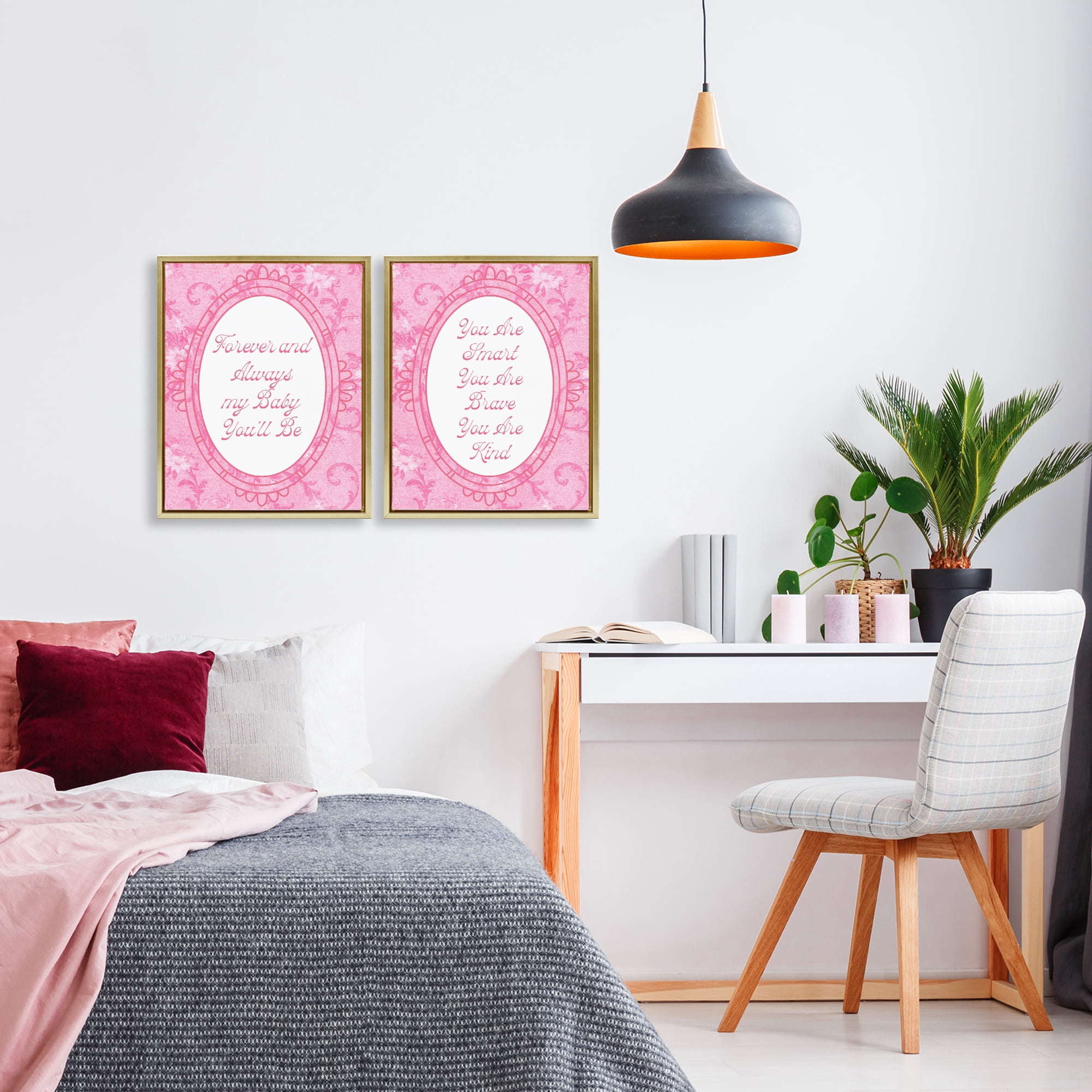 Stupell Industries Loving Pink Ornate Phrases 2 Piece Gold Framed Floater Canvas Set, design by Lil' Rue