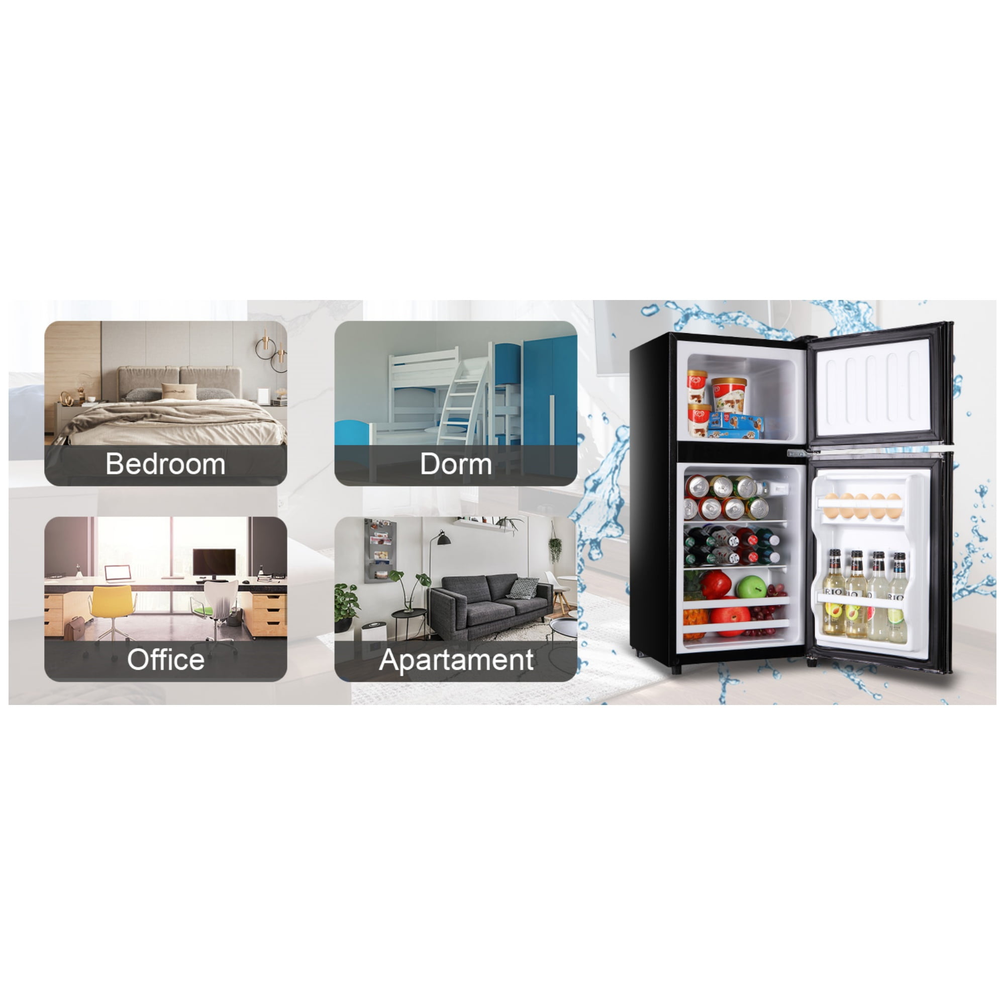 3.5 Cu.Ft Compact Mini Fridge with Freezer, 2-Door Small Refrigerator with 7-Level Thermostat & Removable Shelves for Kitchen, Dorm, Apartment, Bar, Office（Black）