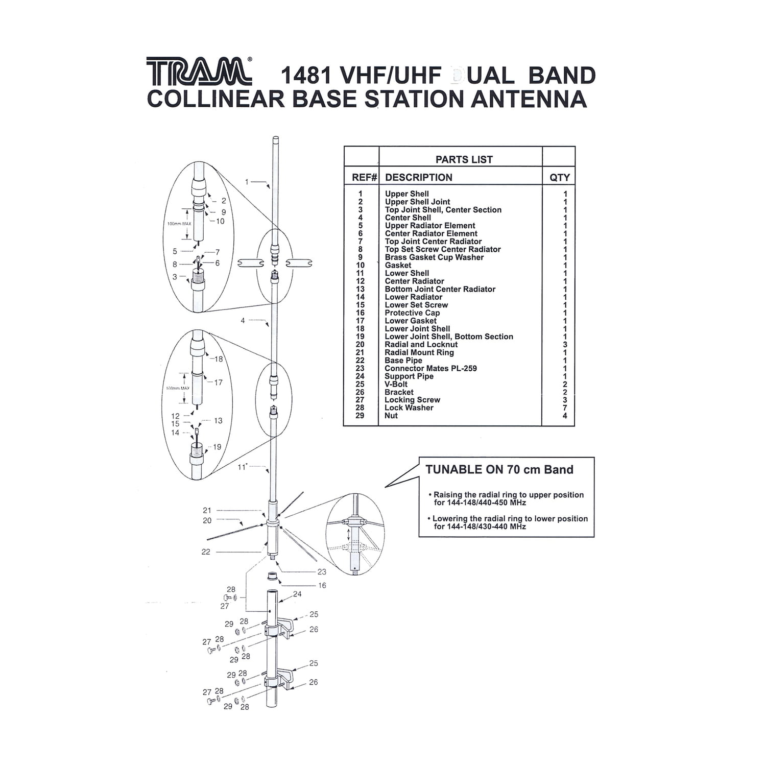 Tram 200-Watt Dual-Band 3-Section Fiberglass Base Antenna with 50-Ohm UHF SO-239 Connector, 17-Ft. Tall, White