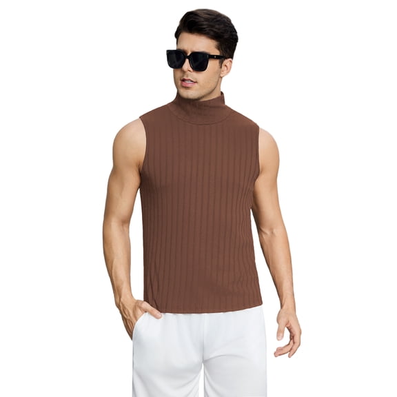 OYOANGLE Men's Ribbed Knit Turtleneck Tank Top Casual Slim Fit Sleeveless Vest Brown S