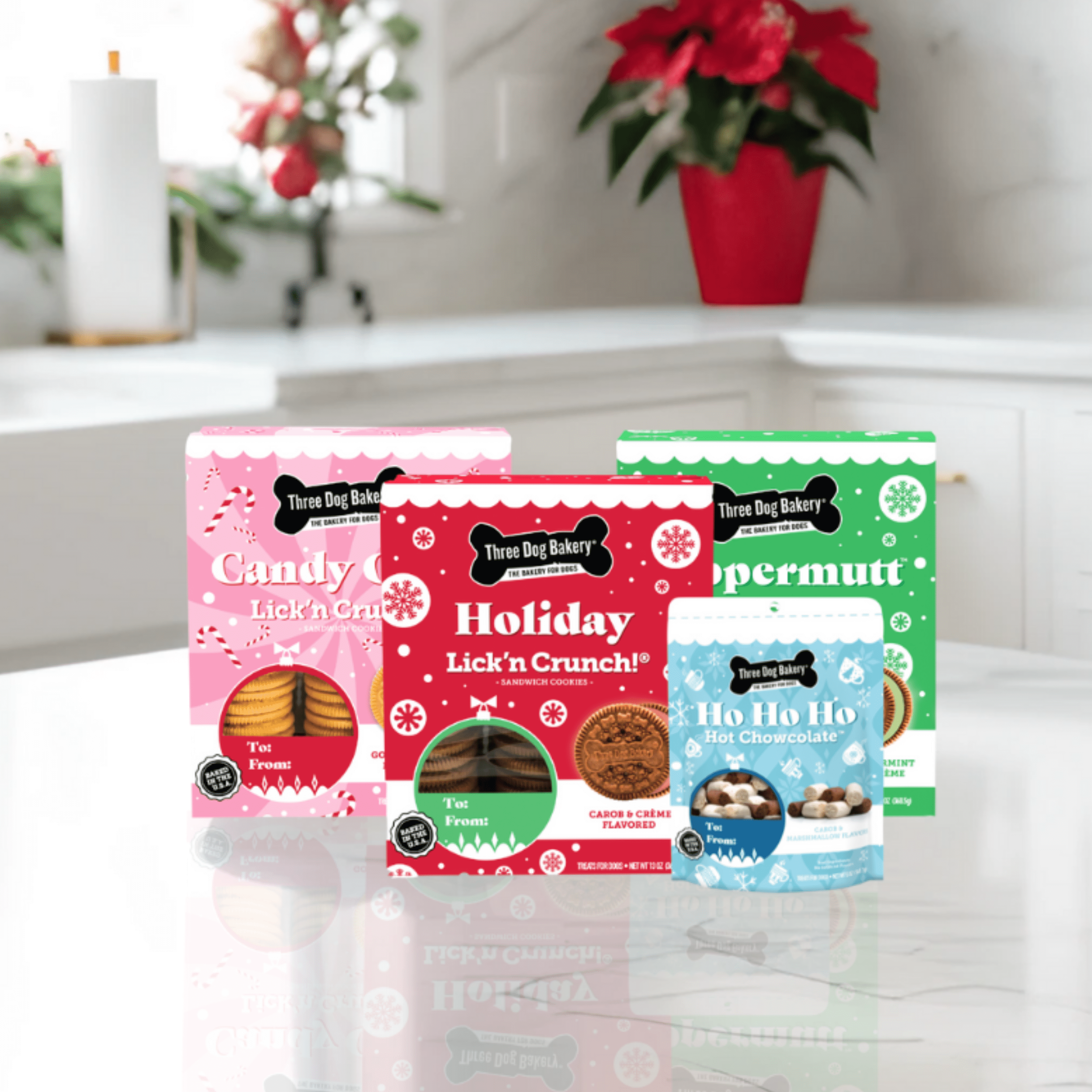 Three Dog Bakery Holiday Lick'n Crunch, Carob Cookie w/ Red Crème, Vanilla Flavored Filling, Premium Treats for Dogs, 13 Ounces Each