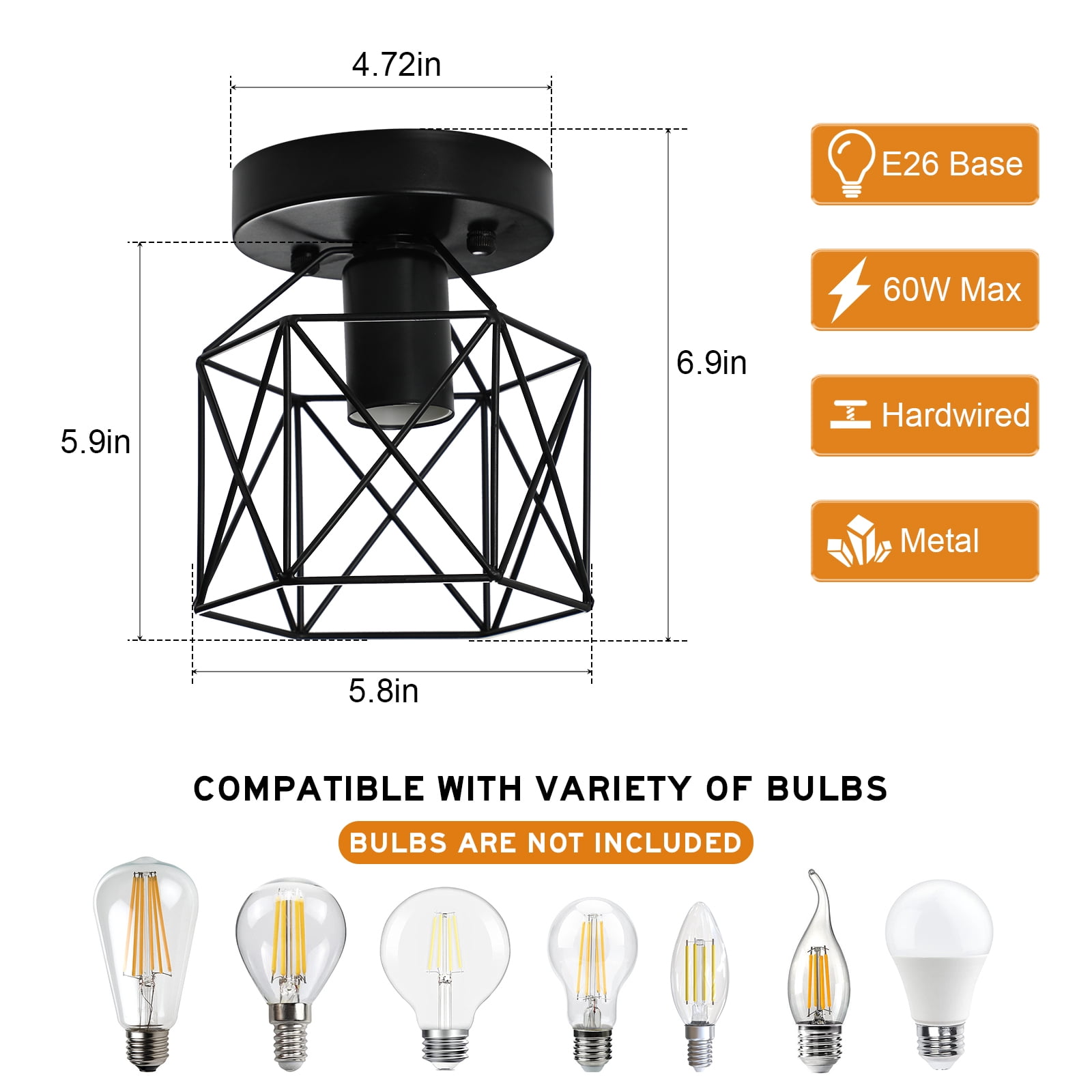 Industrial Metal Cage Flush Mount Ceiling Light Fixture - E26 for Kitchen and Bedroom Lighting