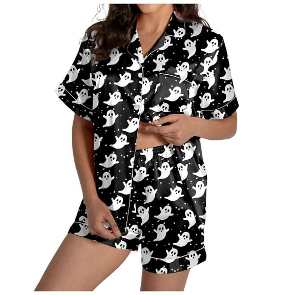 DXOUPM Women's Sleepwear Halloween Pajamas Women 2Pc Graphic Silk Satin Sleepwear Button Down Short Sleeve Shorts Pajamas Set Tops and Elastic Waist Shorts Lounge Sets Loungewear Black XXL