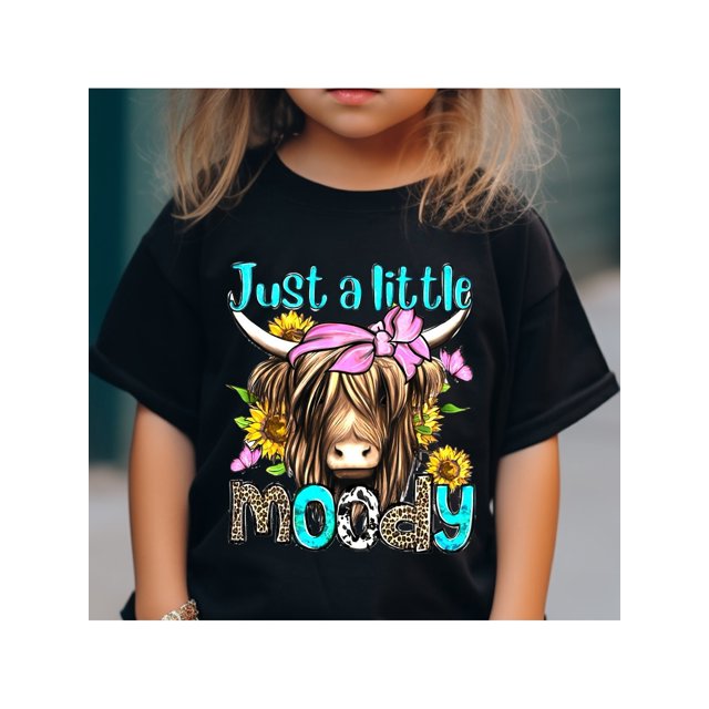 Camiseta de manga corta para niña "Just A Little Moody" con estampado de dibujos animados en rosa, 100 % algodón, cómoda y casual para verano.
