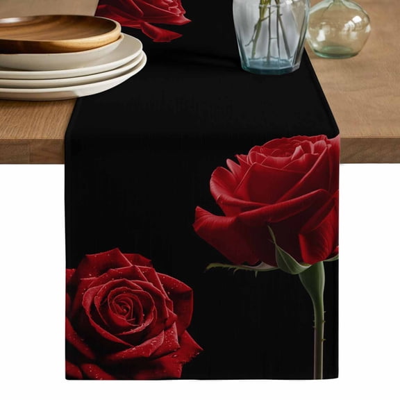Red Rose Table Runner, Vintage Abstract Garden Flower Floral Black Washable Cotton Linen Table Runners 48 Inches Long, Dresser Scarf Runner for Nightstand/Coffee/End Tables 13''x48''