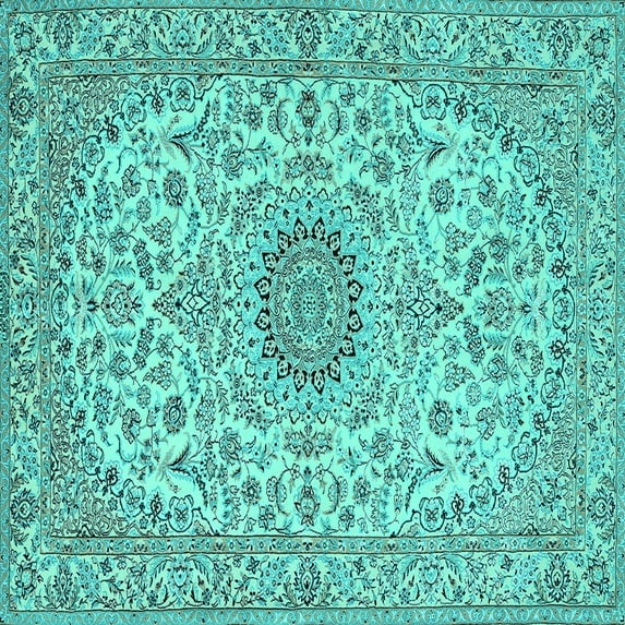 Ahgly Company Machine Washable Indoor Square Medallion Turquoise Blue Traditional Area Rugs, 5' Square