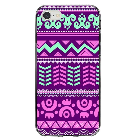 DistinctInk Clear Shockproof Hybrid Case for iPhone 7 8 SE (2020 Model) 4.7" Screen TPU Bumper Acrylic Back Tempered Glass Screen Protector - Pink Green Aztec Tribal