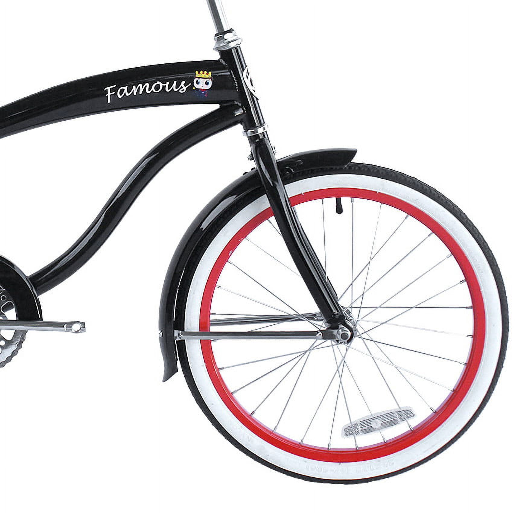 Wonder Wheels 20" Beach Cruiser Steel Frame Black, Coaster Brake, Alloy Rims Red 36H, Stainless Steel Spokes, One Piece Crank, Tire White Wall, Seat & Grip Black, Fender Black - Black & Red