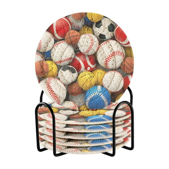 Sports Balls 6 Pcs Drink Coasters with Holder Absorbent Coasters Woven Coasters for Drinks Table Desk Protection Home Decor