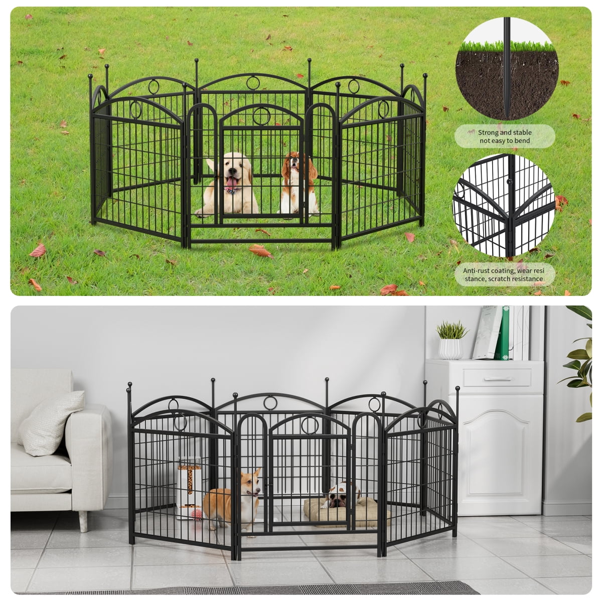 LuckyNote 24" Dog Playpen 8-Panel Metal Pet Fence w/ Door, Heavy Duty Indoor Outdoor Exercise Pen, Foldable DIY Enclosure for Small Large Dogs, Rust-Resistant Black