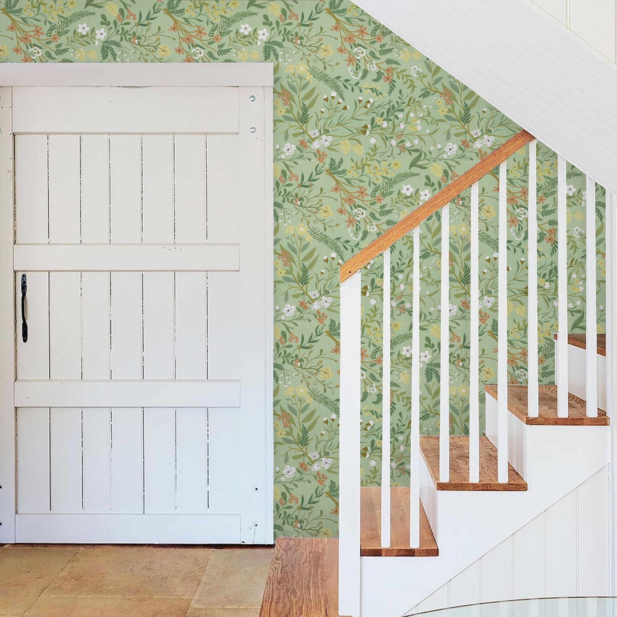 Abyssaly Green Floral Peel and Stick Wallpaper 17.3" × 393.7" Removable Self-Adhesive Green Vinyl Wallpaper for Home Decor
