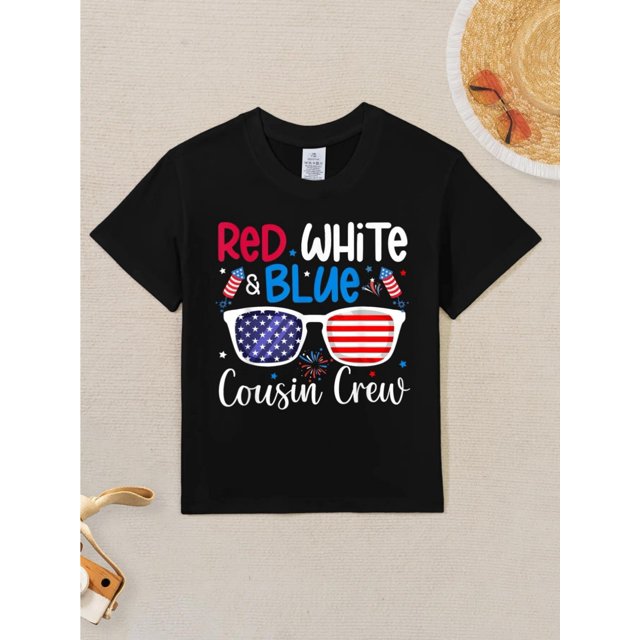 4th of July Patriotic Youngsters T-Shirt - Red White & Blue Cousin Crew Graphic with American Flag Fashion Glasses Design, Short Sleeve Round Neck Casual Street Tee for Boys & Girls
