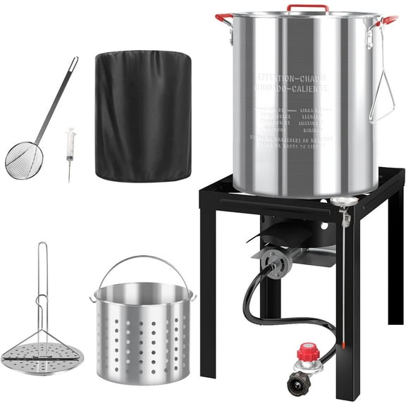 Outdoor Turkey Fryer Kit with Dust Cover | 36QT Pots | Aluminum | Deep Fryers with Basket and Burner | Propane Stove | 50,000BTU Output | Stianless Steel Skimmer | Ideal for Cooking Turkey & Fish