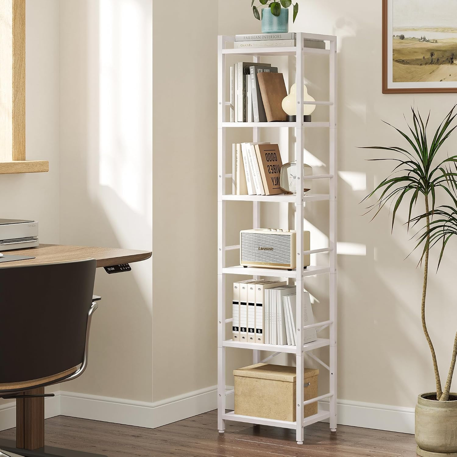 Bookshelf 6-Tier Tall Bookcase for Small Space | Bookshelf Storage Organizer with Side Rails Sturdy Metal and Wood Storage Shelves for Living Room Bedroom Office White