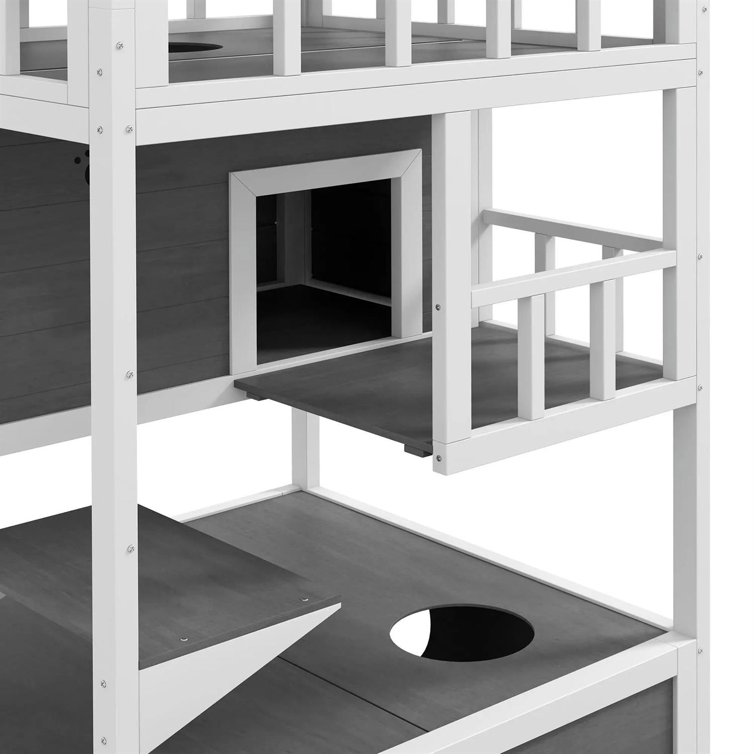 Pefilos Outdoor Weatherproof Cat House with Asphalt Roof, Escape Door, Jumping Platform, Wooden Feral Shelter for Cats and Small Animals, Gray