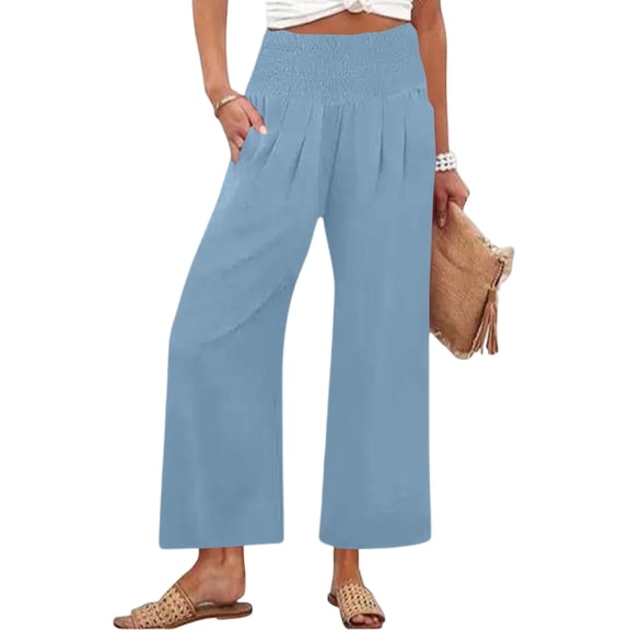Petite Womens Wide Leg Crop Pants 2026 Summer Smocked Waist Pull On Casual Palazzo Trousers with Pockets Sky Blue L