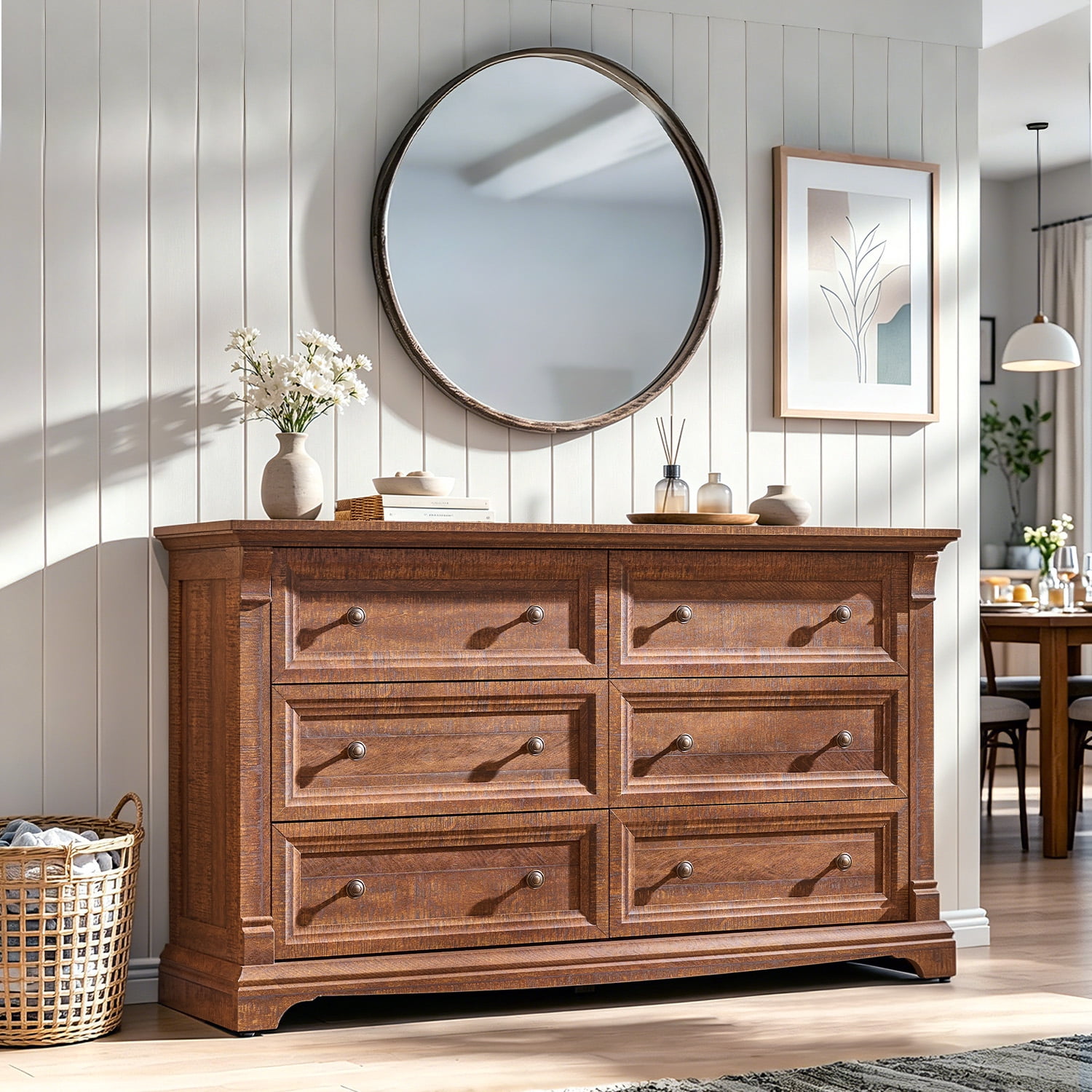 KeyWhat 54" Farmhouse 6-Drawer Dresser with Handles for Bedroom, Living Room , Hallway