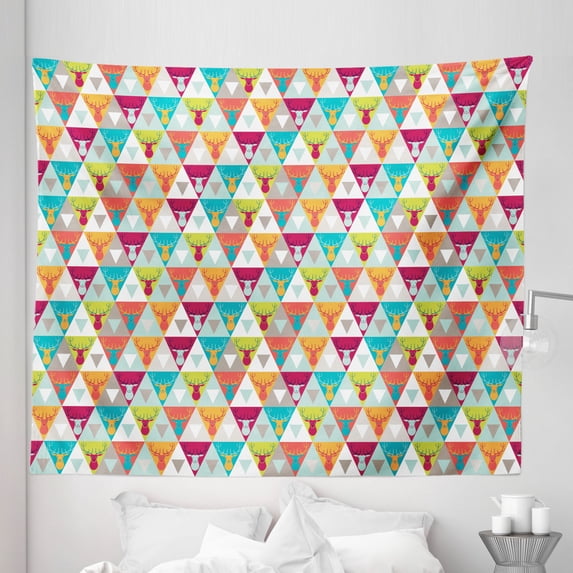 Indie Tapestry, Triangles Pattern with Deer Elk Portraits Geometric Colorful Funky Hipster Tile Urban, Fabric Wall Hanging Decor for Bedroom Living Room Dorm, 5 Sizes, Multicolor, by Ambesonne