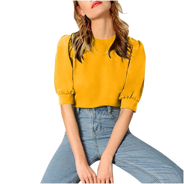 KIHOUT Nouveaux Hauts de Mode d'Été pour Femmes 2024, Hauts de Mode Décontractés à Manches Courtes et Poignets Étroits, Chandail Ample de Rue Jaune 5TG