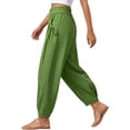thumbnail image 4 of Tqcoqu Women's Pants Casual Smocked High Waisted Elastic Wide Leg Pants Loose Cotton Trousers with Pockets,Green,Women's S-XXXL, 4 of 6