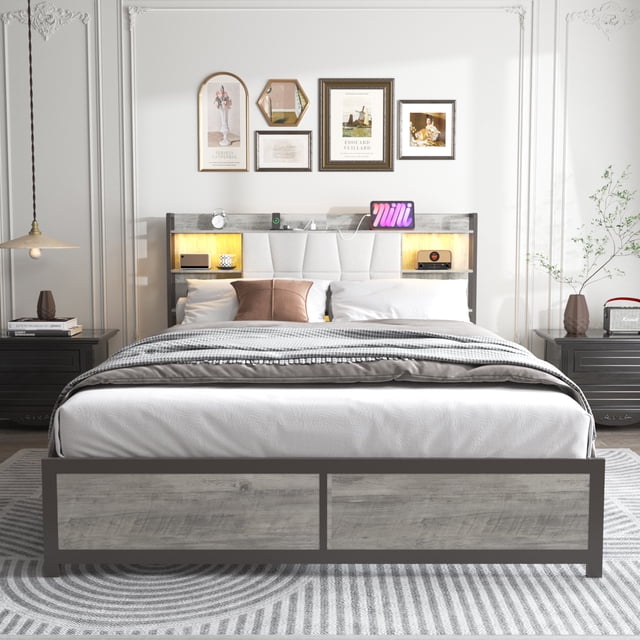 Noble House Queen Upholstered Platform Bed,LED Bookcase Headboard with Charging Station & Storage,Beige + White