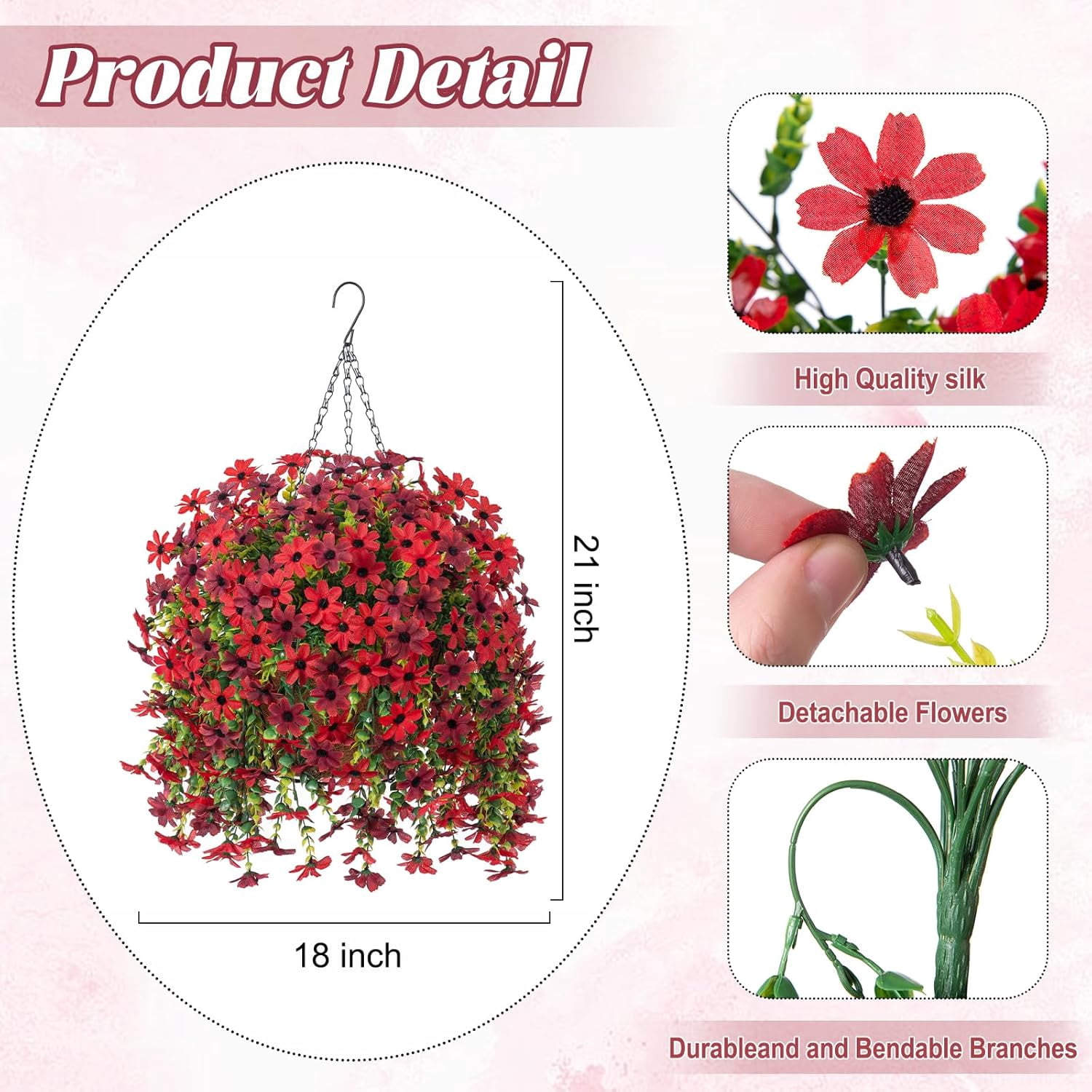 Artificial Fake Spring Hanging Flowers Plants with Basket Outdoor Flower Decor, Faux Silk Colorful Daisy in Metal Coconut Lining Pot Plastic Shrubs Decor Farmhouse Home Garden (Rose Pink)