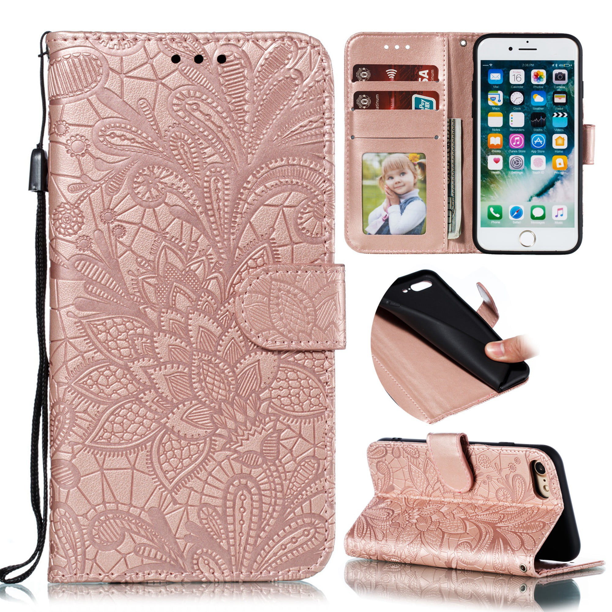 iPhone 8 Plus Wallet Case, iPhone 7 Plus Case, Dteck Embossed Lace 