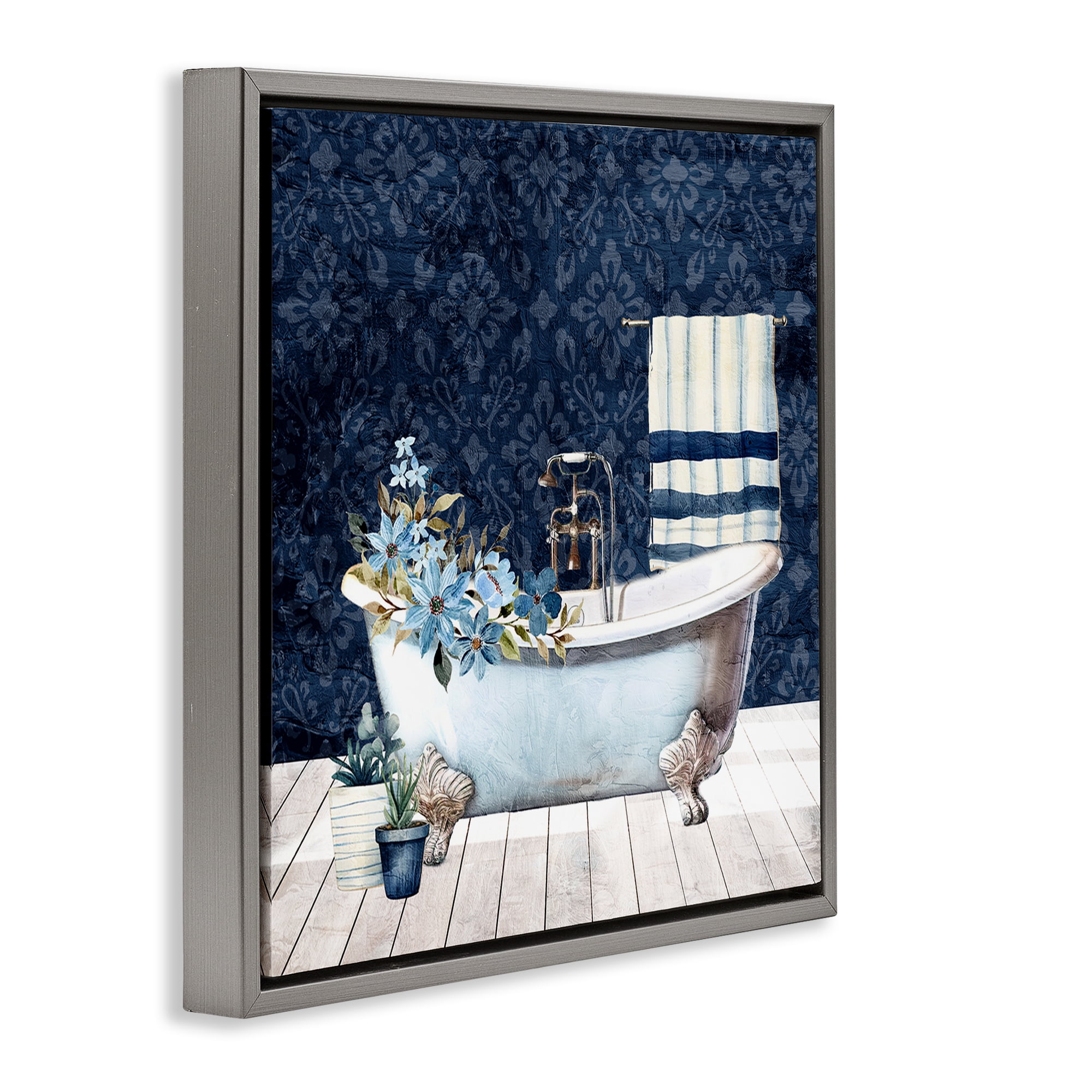 Stupell Industries Blue Damask Bathroom Bath & Laundry Painting Gray Floater Framed Canvas Art Print Wall Art, 25 x 25