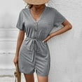 thumbnail image 4 of Wycnly Womens Jumpsuits Casual Summer Button up Elastic Waist Straight Leg Pocket Short Jumpsuits Trendy Solid V-Neck Short Sleeve Mini Rompers for Women, 4 of 7