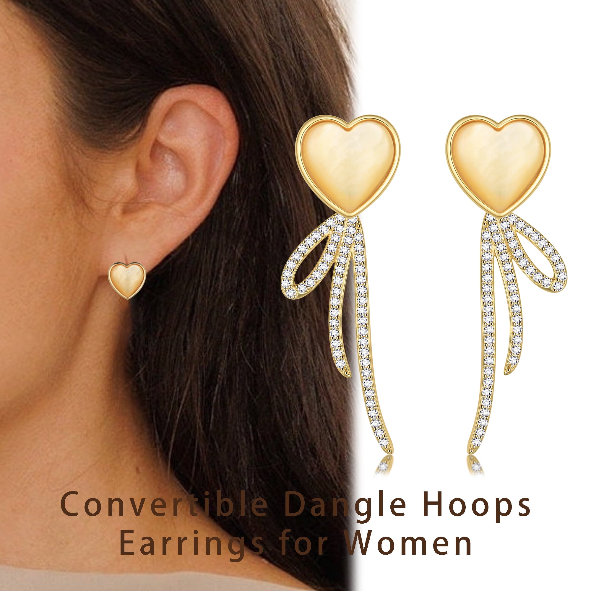Beautlace Heart Earrings Studs,Versatile 2-in-1 White Pearl Shell Sterling Silver Dangle Earrings Birthday/Valentines/Christmas Gifts for Women
