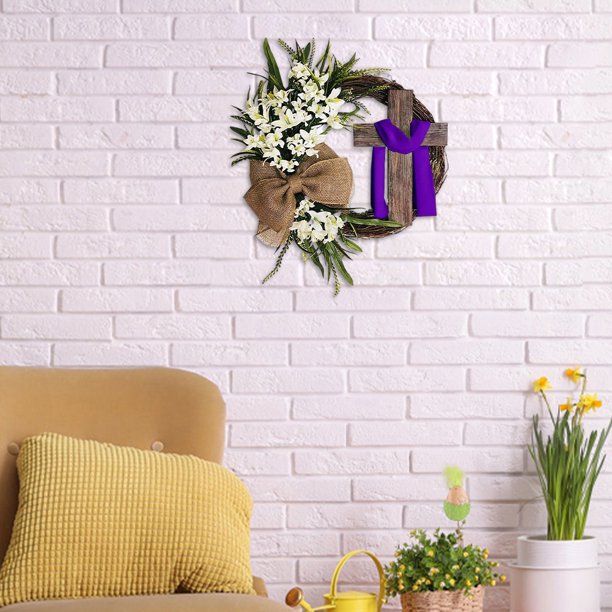 Corona cruzada de Pascua de 40 cm con el arco elegante para la puerta de guirnaldas de guirnaldas para colgar (púrpura)