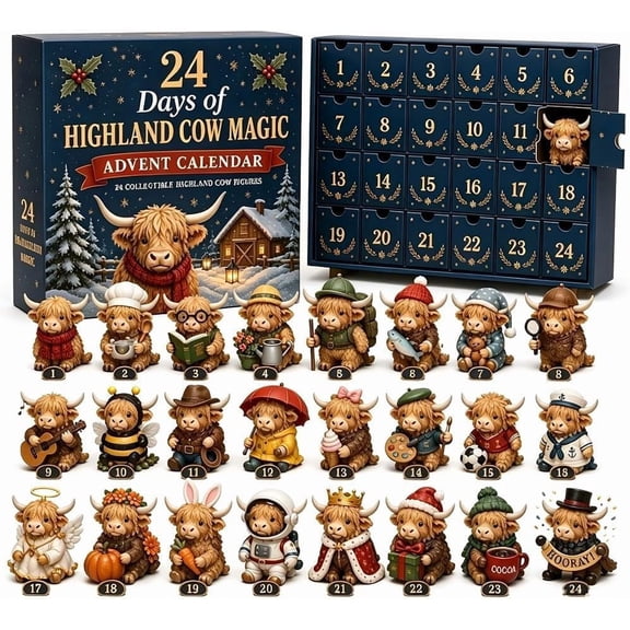 Highland Cow Magic Advent Calendar 2026 Christmas,24 Days of Collectible Cow Mini Figures, Farmhouse Holiday Decor, Christmas Countdown Calendar Gift Set for Cow Lovers