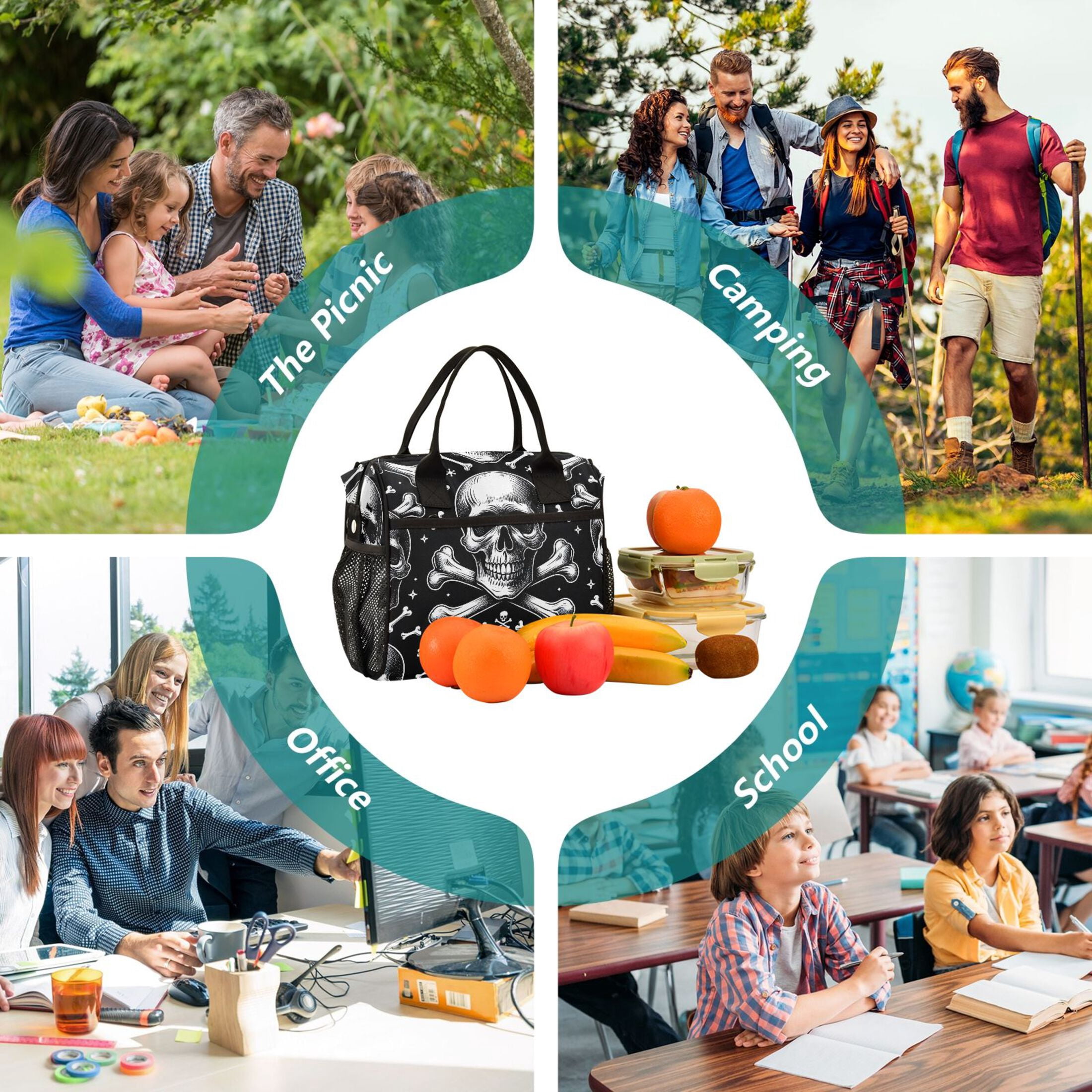 ALAZA Skeletons Halloween Insulated Lunch Bag Reusable Tote Box Adjustable Shoulder Strap for Work Picnic