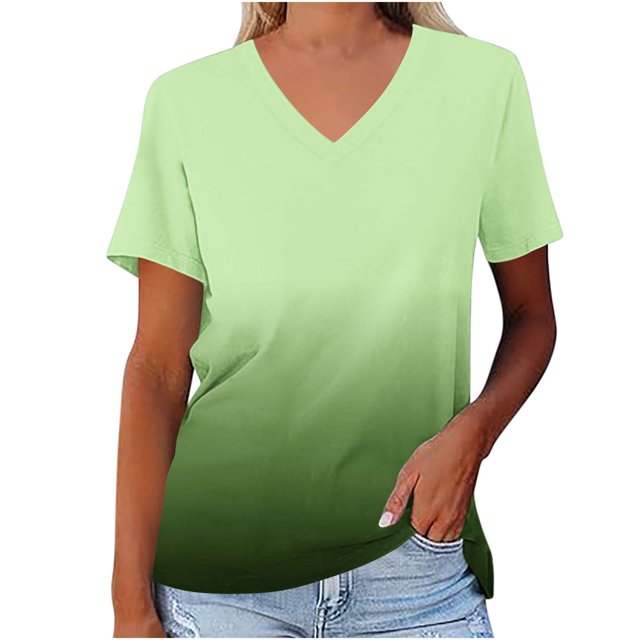 JUNWELL Plus Size Ombre T-Shirts for Women 2024 V Neck Tops Contrast Gradient Color Basic Tees Raglan Wide Short Sleeve Shirts Summer Fashion Breathable Loose Fit Flowy Casual Blouse Army