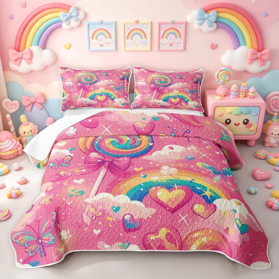 Manfei Cute Candy Lollipop Twin Quilt Set, Rainbow Butterfly Twin Coverlet Set, Hot Pink, 2pcs, 1 Bedspread and 1 Pillowcase