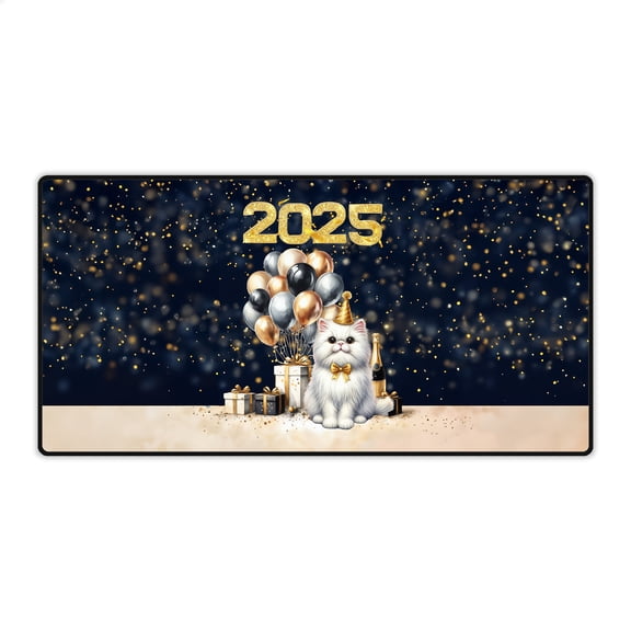Happy New Year Persian Welcome 2025 Balloon Firework Party Desk Mat Full Keyboard Mouse Pad Cat Lover Kitten Owner Gifts Large Mousepad - 01014