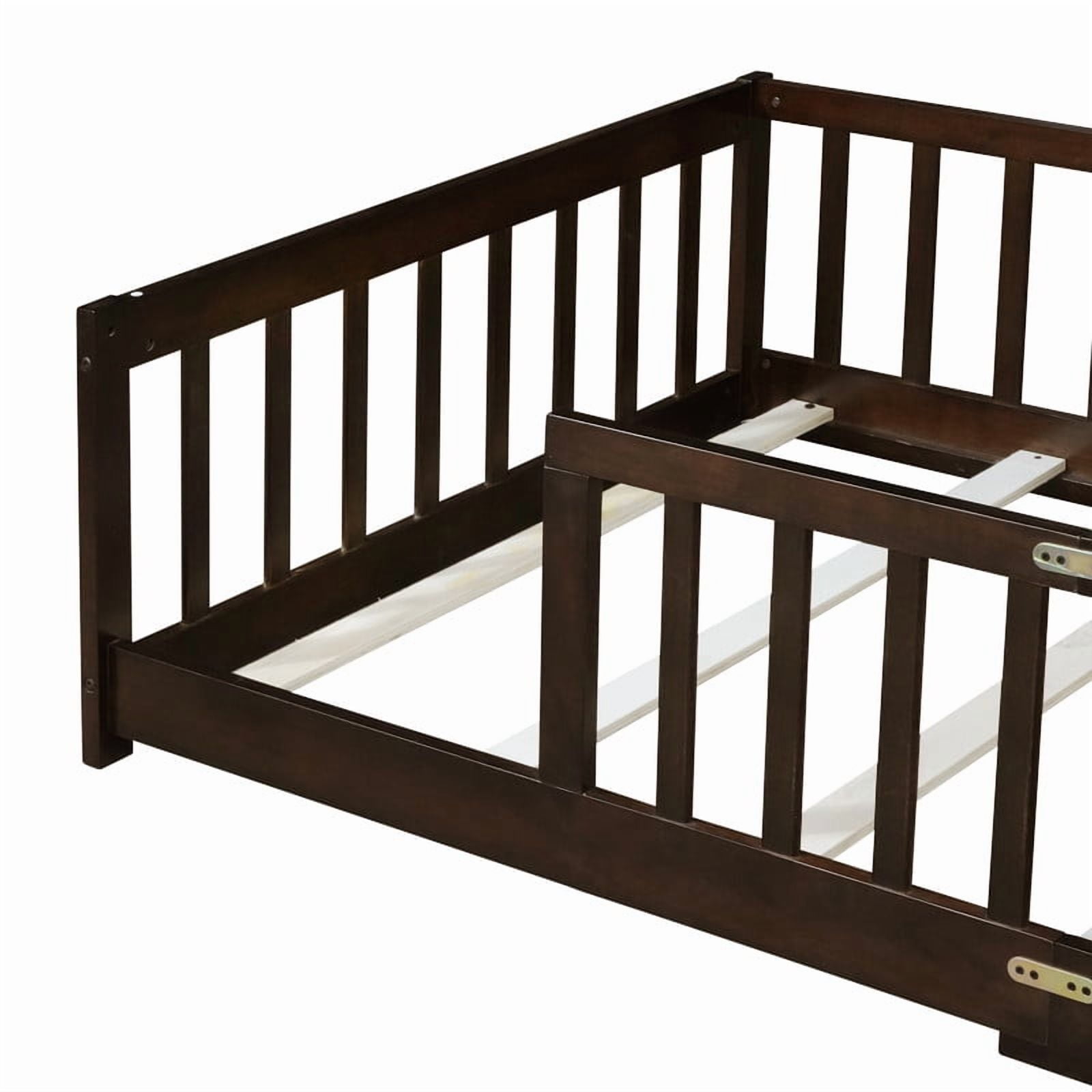 Mirightone Twin Size Floor Bed, Wood Montessori Floor Beds with Fence Railings and Slats Support, Twin Playhouse Bed Frame, No Box Spring Needed, (Espresso)