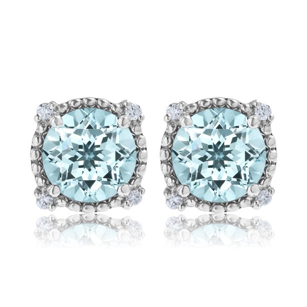 Pendientes JeenMata de Aguamarina 3,5 Quilates Con Halo Milgrain en Oro Blanco de 18 K sobre Plata