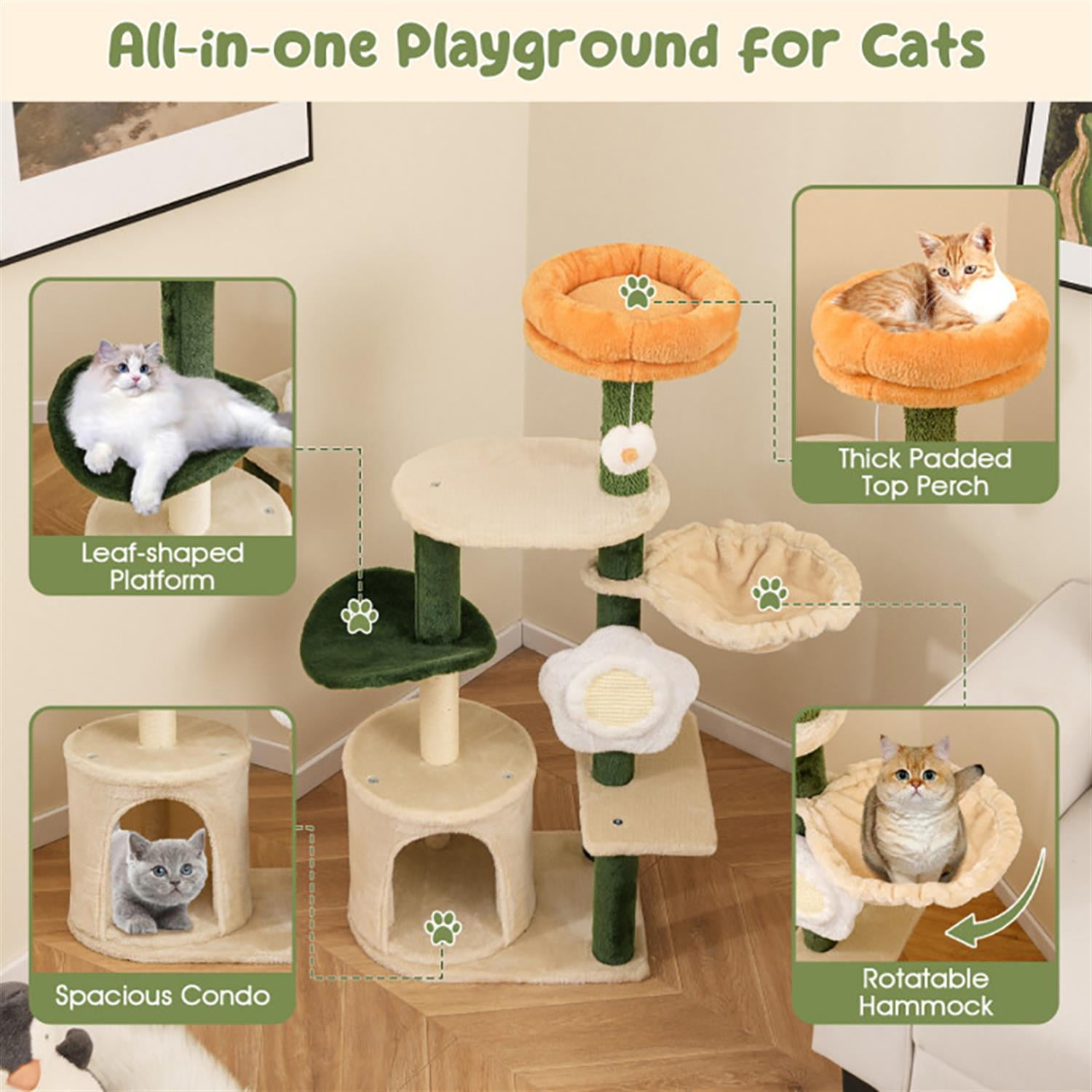 Kadyn 71" Cat Tree Tower with Hammock for Indoor Cats, Cute Flower Cat Tree House with Scratching Posts and Dangling Ball, Beige