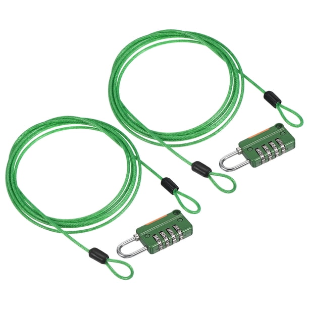 Cable de acero de seguridad con candado de combinación de 4 dígitos, 2 juegos de 6.6 pies de cuerda de seguridad recubierta, candado de doble lazo, verde