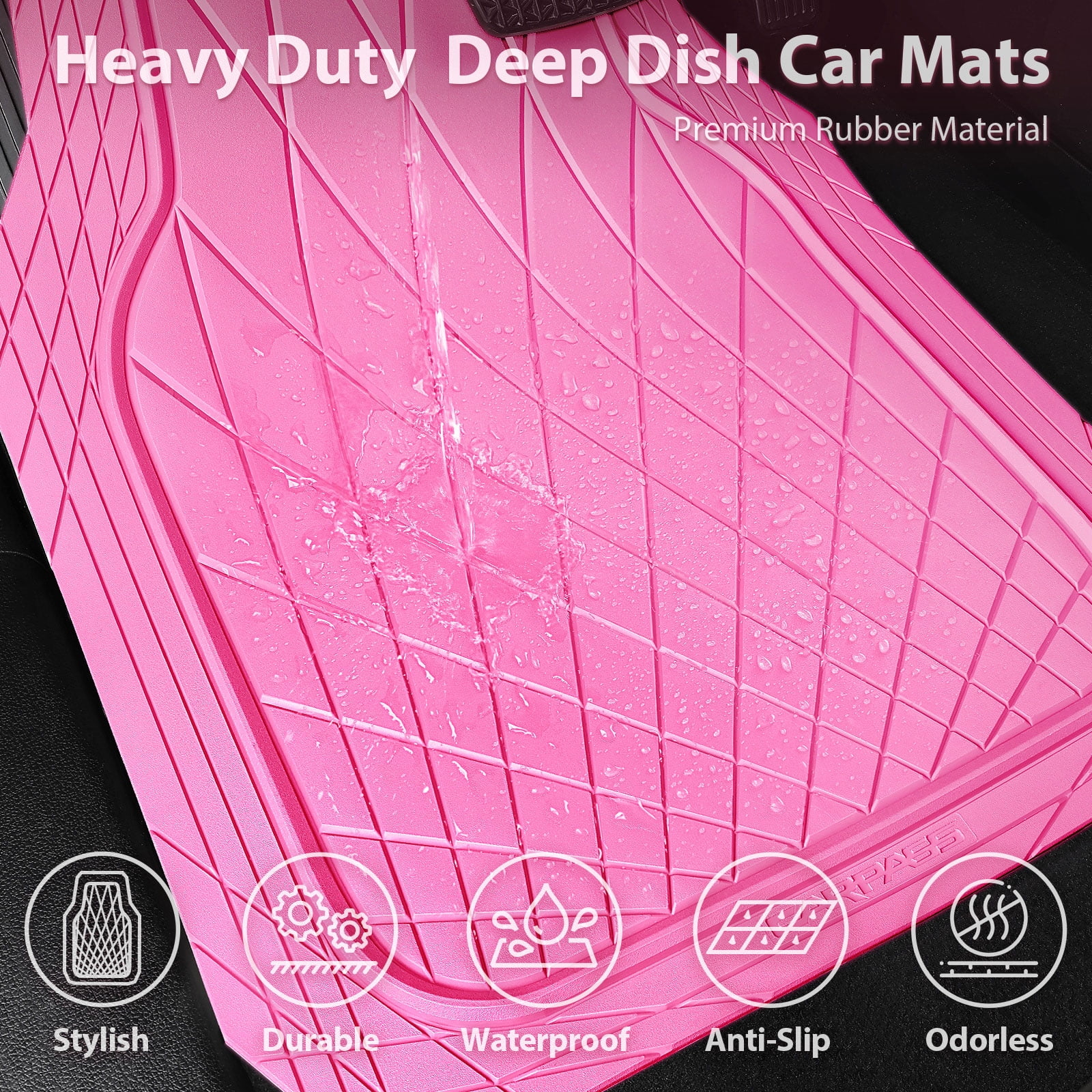CAR GRAND Premium Heavy Duty Rubber Car Floor Mats Deep Dish All Weather Water Proof Easy Clean Universal Trim Fit Sedan SUV Van Truck All Pink