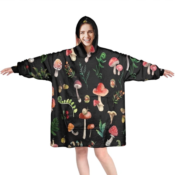 Red Mushroom Leaf Black Pattern Wearable Oversized Blanket,Wearable Blanket Hoodie for Adults,Cozy Hooded Blankets with Super Pockets,Super Warm Fuzzy Pullover for Women & Men