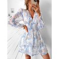 thumbnail image 3 of Vestido estampado con cuello en V para mujer Vestido de cintura alta con vuelo y mangas largas Vestido con cintura elástica Blanco M, 3 of 7