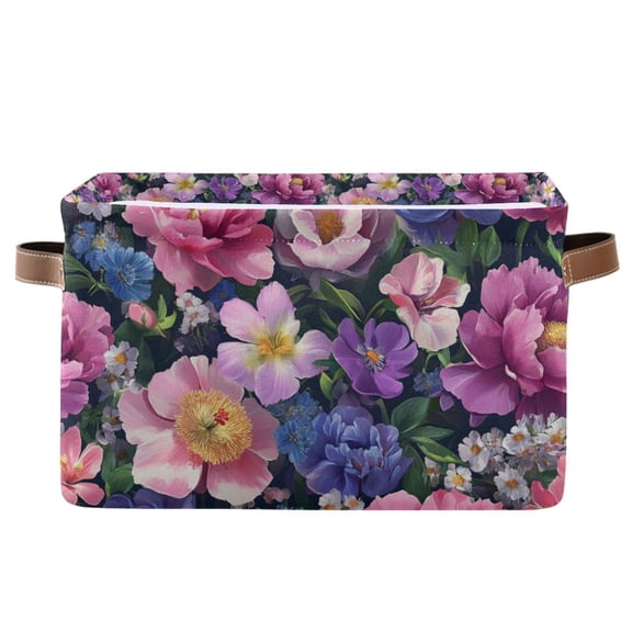 Yayeee Canvas Storage Basket with Handles for Shelves Fabric Bins Closet Organizer, Soft Pinks Flowers