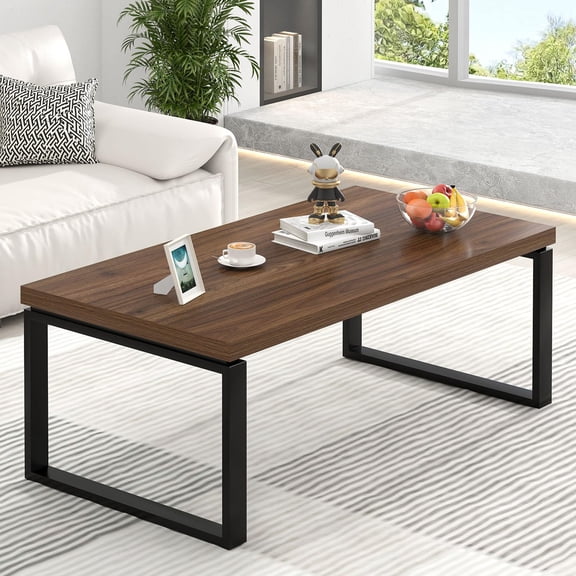 Rustic Walnut Wood & Black Metal Coffee Table, Modern Industrial Rectangle