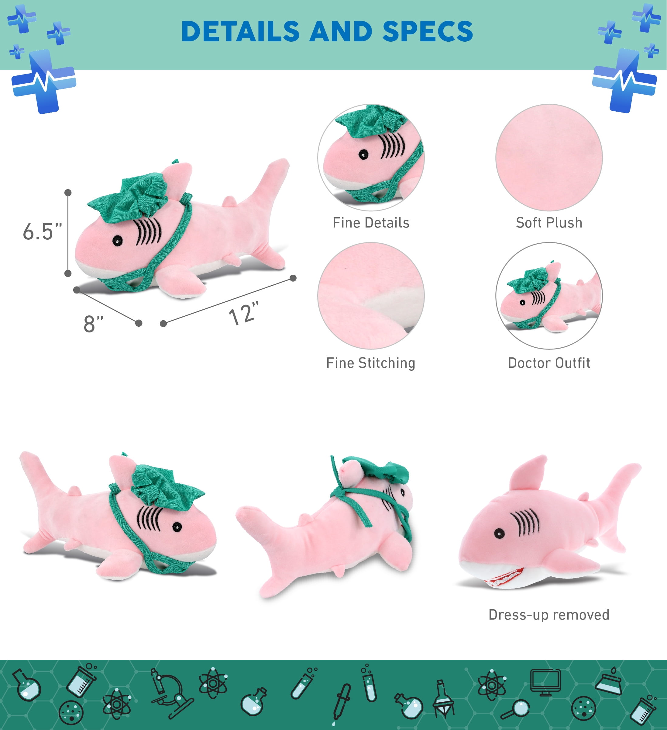 DolliBu Pink Shark Doctor Plush Toy - Baby Soft Shark Doctor Stuffed Animal Dress Up with Cute Scrub Cap & Face Mask Outfit - Fluffy Doctor Toy Plush Gift - 12 Inches